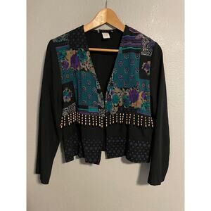 Vintage Kenneth Mitchell Top Womens Petite Beaded Fringe Patchwork Boho 90s